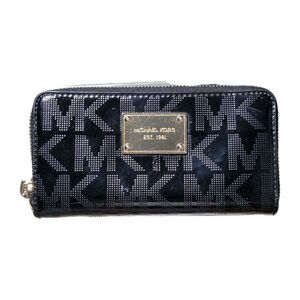 Michael Kors Logo Zip-Around Continental Wallet Black Patent Leather Gold Accent